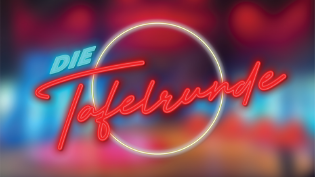 Die Tafelrunde Logo bestehend aus türkis-rotem Schriftzug auf showig leuchtendem Hintergrund 