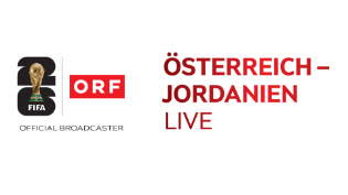 Schriftzug zum Spiel Österreich gegen Jordanien mit ORF-Logo und einem Bild des FIFA-Pokals