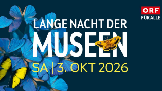 Lange Nacht der Museen Schriftzug mit blauen Schmetterlingen