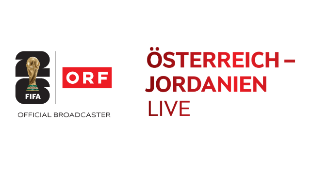 Schriftzug zum Spiel Österreich gegen Jordanien mit ORF-Logo und einem Bild des FIFA-Pokals